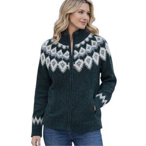 Vtg L.L. Bean XS Fair Isle Knit Zip Up Sweater Forest Green 100% Lambswool
